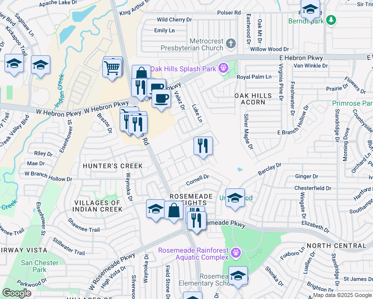 map of restaurants, bars, coffee shops, grocery stores, and more near 3910 Old Denton Road in Carrollton