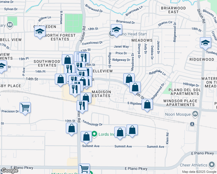 map of restaurants, bars, coffee shops, grocery stores, and more near 1321 South Rigsbee Drive in Plano