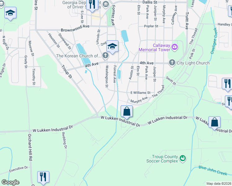 map of restaurants, bars, coffee shops, grocery stores, and more near 1405 Forrest Avenue in LaGrange
