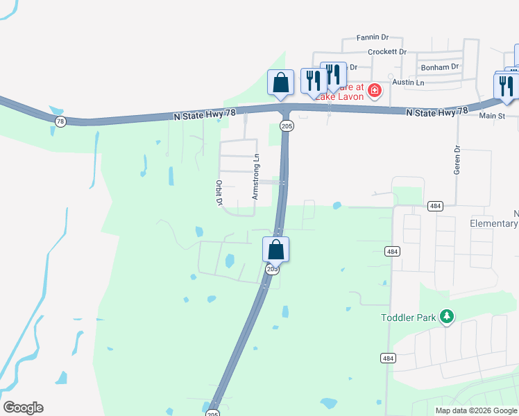 map of restaurants, bars, coffee shops, grocery stores, and more near 380 Armstrong Lane in Lavon