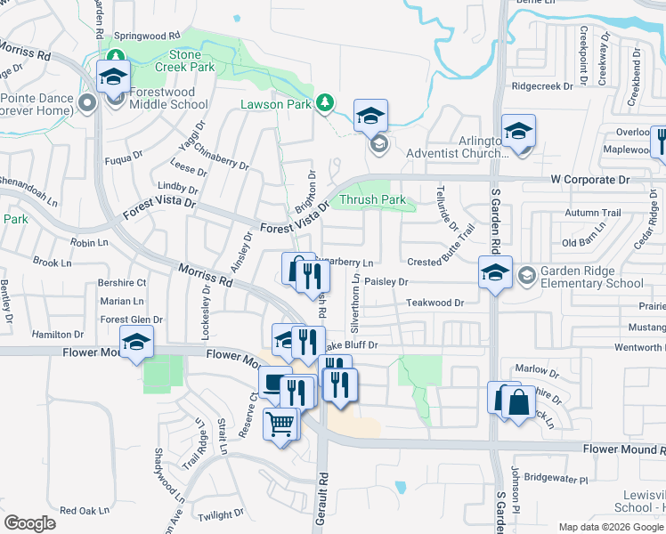 map of restaurants, bars, coffee shops, grocery stores, and more near 2301 Silverthorn Lane in Flower Mound