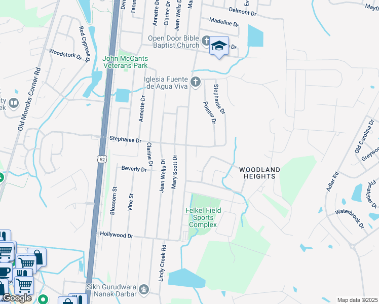 map of restaurants, bars, coffee shops, grocery stores, and more near 257 Amy Drive in Goose Creek