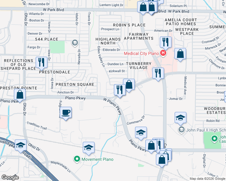 map of restaurants, bars, coffee shops, grocery stores, and more near 4113 Desert Garden Drive in Plano