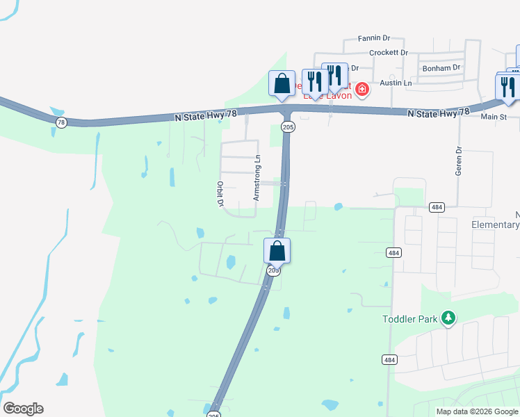 map of restaurants, bars, coffee shops, grocery stores, and more near 350 Armstrong Lane in Lavon