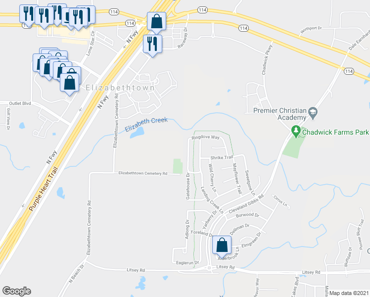 map of restaurants, bars, coffee shops, grocery stores, and more near 15721 Wheelhorse Trail in Roanoke