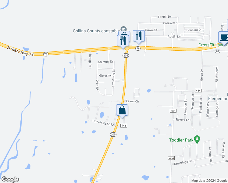 map of restaurants, bars, coffee shops, grocery stores, and more near 350 Armstrong Lane in Lavon