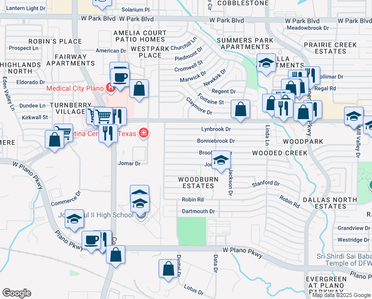 map of restaurants, bars, coffee shops, grocery stores, and more near 3501 Jomar Drive in Plano