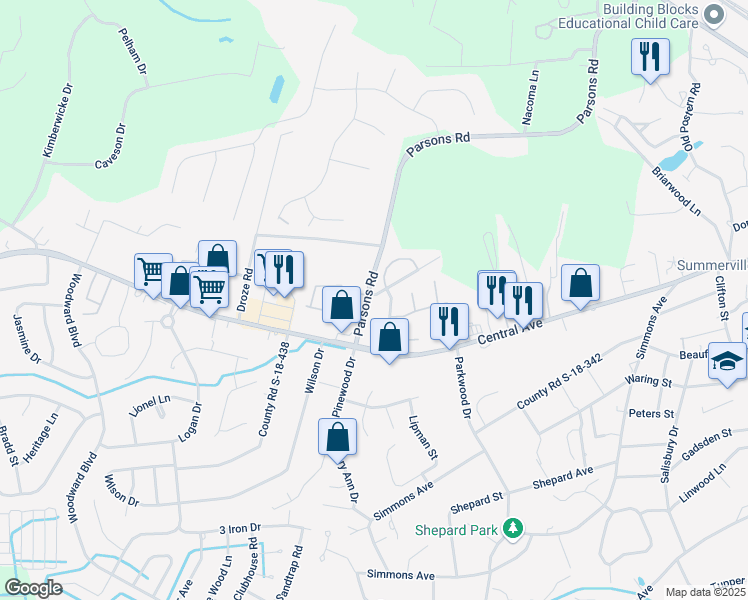 map of restaurants, bars, coffee shops, grocery stores, and more near 102B Canvasback Drive in Summerville
