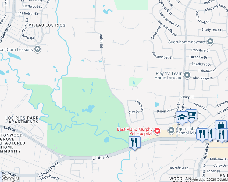 map of restaurants, bars, coffee shops, grocery stores, and more near 1704 Dublin Road in Parker