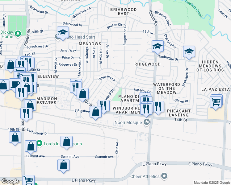 map of restaurants, bars, coffee shops, grocery stores, and more near 3404 Ridgelake Lane in Plano