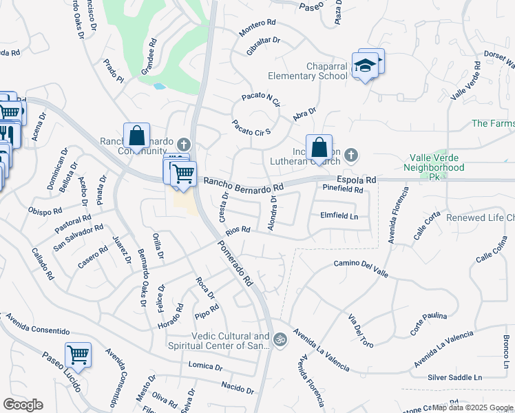 map of restaurants, bars, coffee shops, grocery stores, and more near 12678 Sonora Road in San Diego