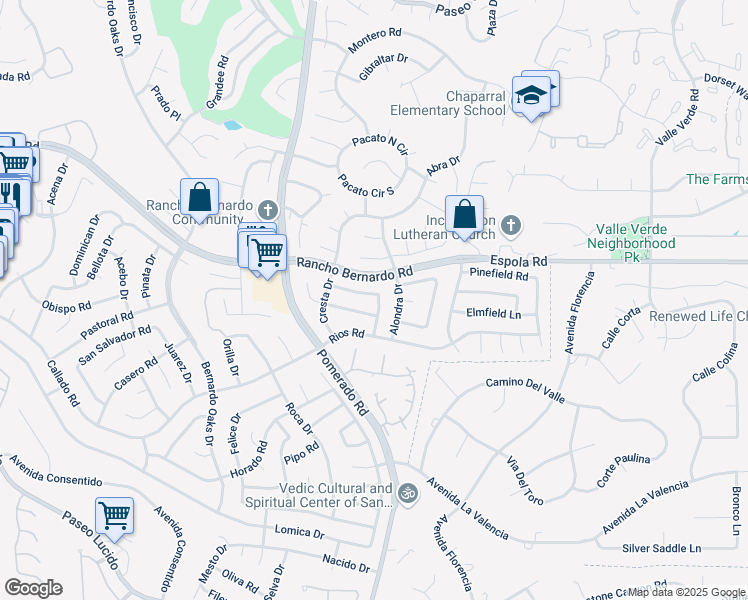 map of restaurants, bars, coffee shops, grocery stores, and more near 12678 Sonora Road in San Diego