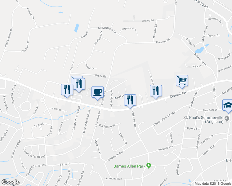map of restaurants, bars, coffee shops, grocery stores, and more near 107 Canvasback Drive in Summerville