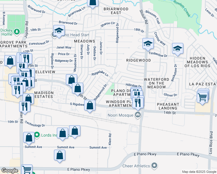 map of restaurants, bars, coffee shops, grocery stores, and more near 3404 Ridgelake Lane in Plano
