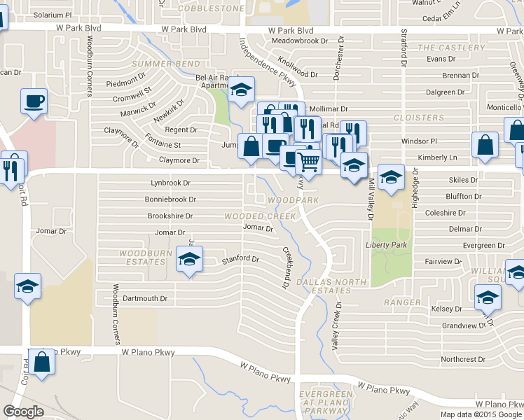 map of restaurants, bars, coffee shops, grocery stores, and more near 1413 Gables Court in Plano