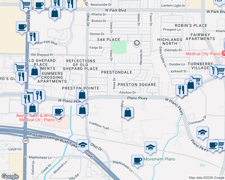 map of restaurants, bars, coffee shops, grocery stores, and more near 1401 Iowa Drive in Plano