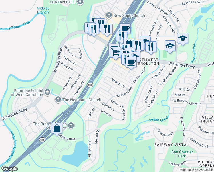 map of restaurants, bars, coffee shops, grocery stores, and more near 1553 Bastrop Drive in Carrollton