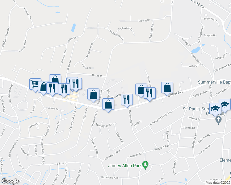 map of restaurants, bars, coffee shops, grocery stores, and more near 105 Scaup Court in Summerville