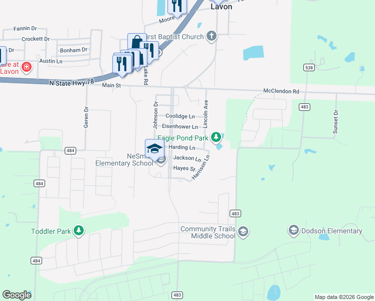 map of restaurants, bars, coffee shops, grocery stores, and more near 442 Grant Lane in Lavon