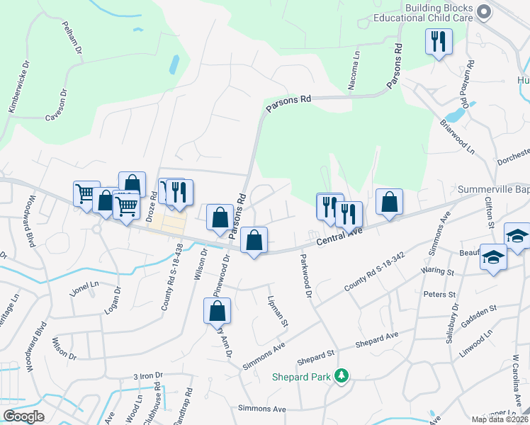 map of restaurants, bars, coffee shops, grocery stores, and more near 105a Scaup Court in Summerville
