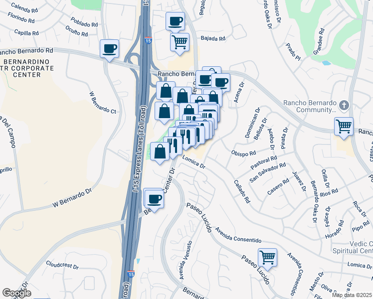 map of restaurants, bars, coffee shops, grocery stores, and more near 16757 Bernardo Center Drive in San Diego