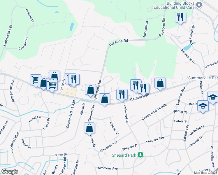 map of restaurants, bars, coffee shops, grocery stores, and more near 105 Scaup Court in Summerville