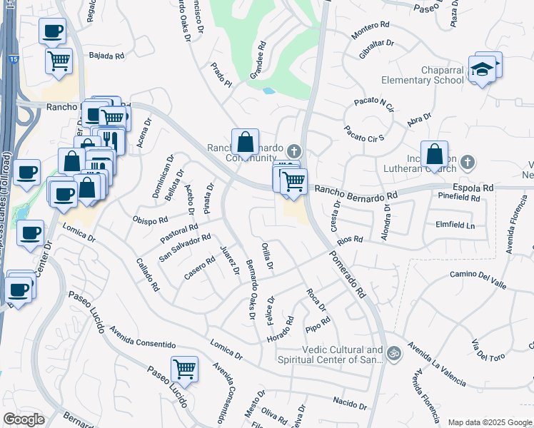 map of restaurants, bars, coffee shops, grocery stores, and more near 16755 Meandro Court in San Diego