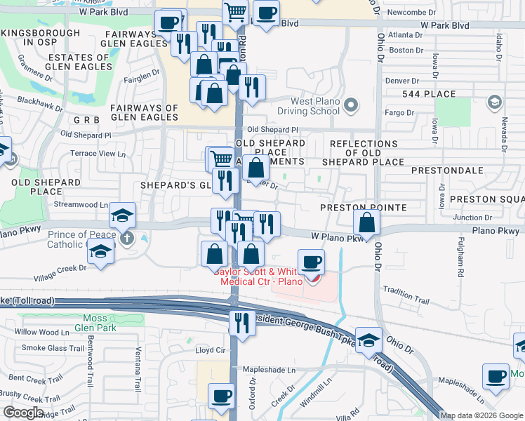 map of restaurants, bars, coffee shops, grocery stores, and more near 4901 West Plano Parkway in Plano