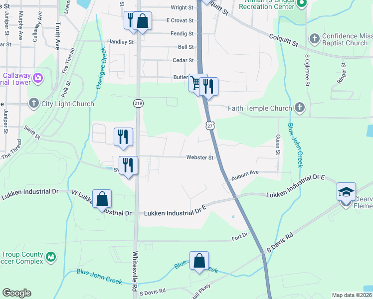 map of restaurants, bars, coffee shops, grocery stores, and more near 208 East Hillside Drive in LaGrange