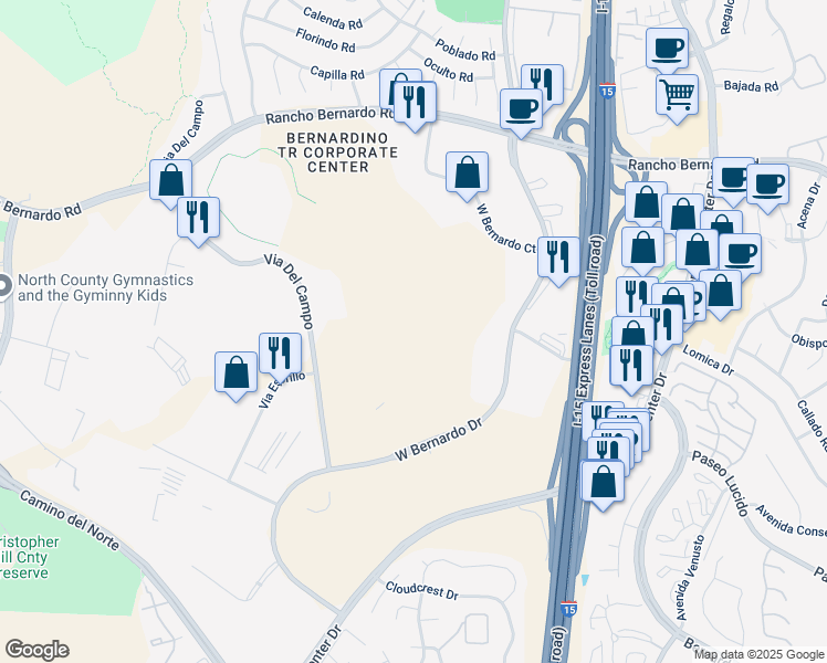 map of restaurants, bars, coffee shops, grocery stores, and more near 16550 West Bernardo Drive in San Diego