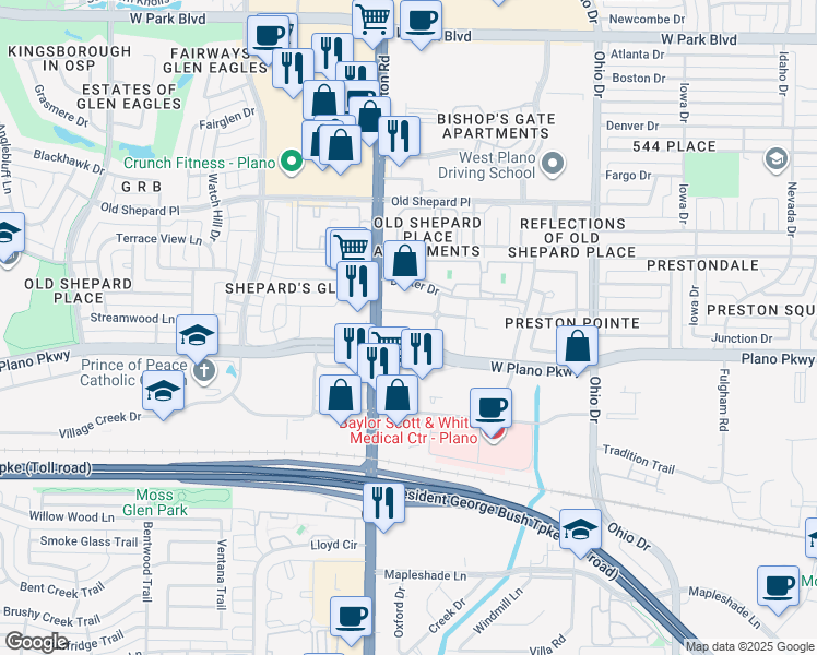 map of restaurants, bars, coffee shops, grocery stores, and more near 4901 West Plano Parkway in Plano