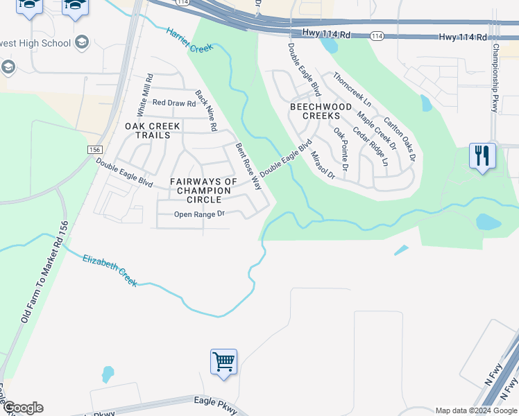 map of restaurants, bars, coffee shops, grocery stores, and more near 2633 Flowing Springs Drive in Fort Worth