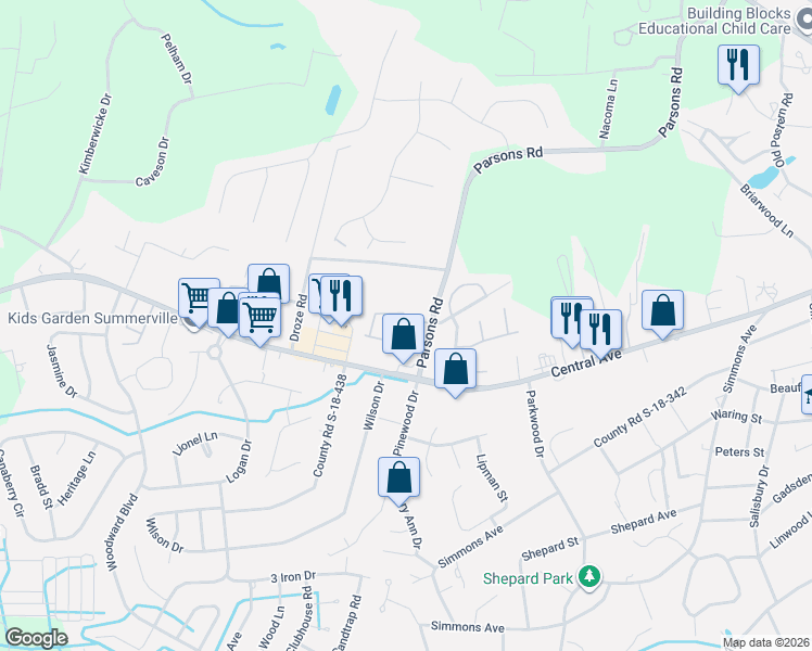 map of restaurants, bars, coffee shops, grocery stores, and more near 217 Hemingway Circle in Summerville