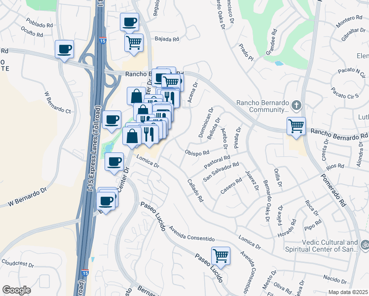 map of restaurants, bars, coffee shops, grocery stores, and more near 11994 Obispo Road in San Diego