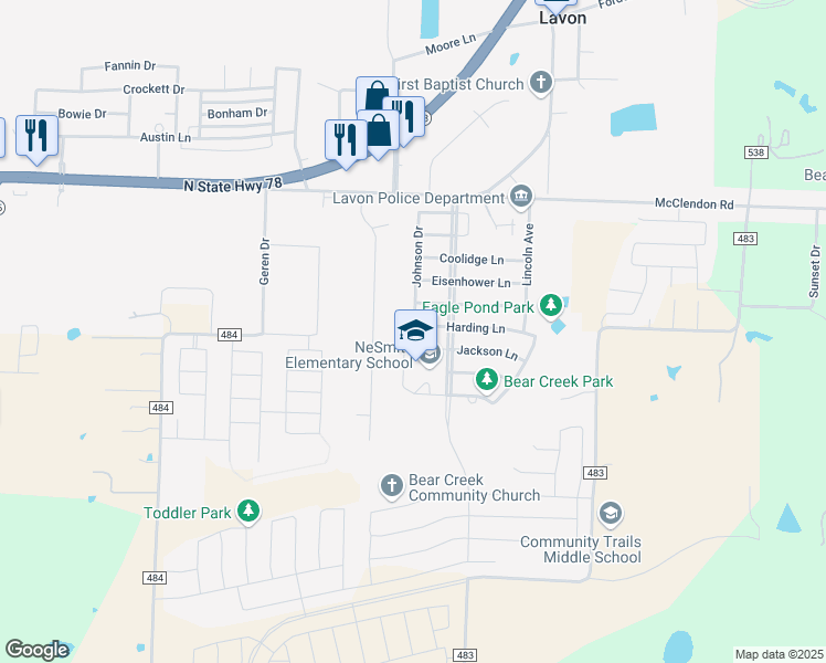 map of restaurants, bars, coffee shops, grocery stores, and more near 546 Harding Lane in Lavon