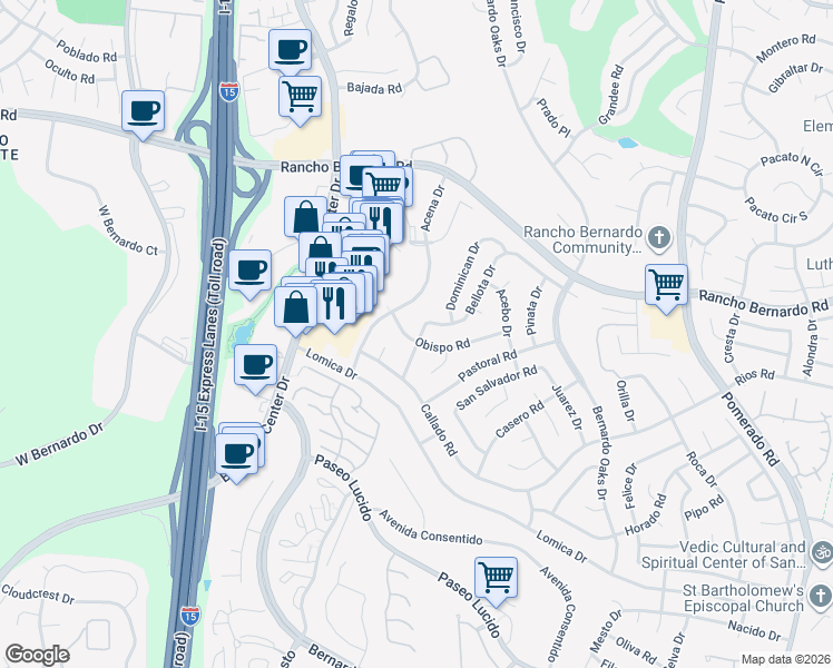 map of restaurants, bars, coffee shops, grocery stores, and more near 11954 Obispo Road in San Diego