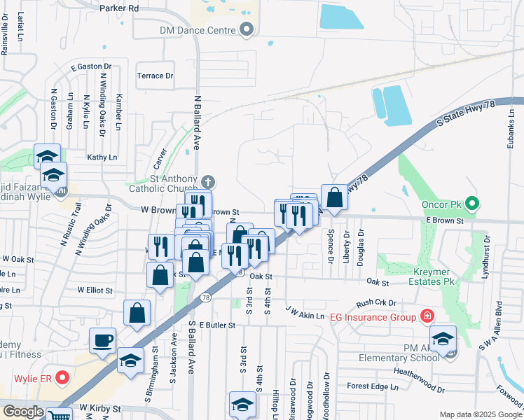 map of restaurants, bars, coffee shops, grocery stores, and more near 417-463 East Brown Street in Wylie