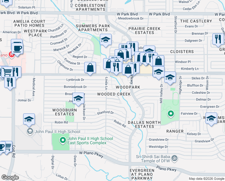 map of restaurants, bars, coffee shops, grocery stores, and more near 1413 Gables Court in Plano