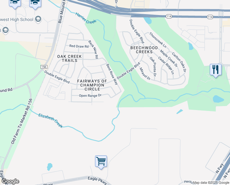 map of restaurants, bars, coffee shops, grocery stores, and more near 15716 Bent Rose Way in Fort Worth