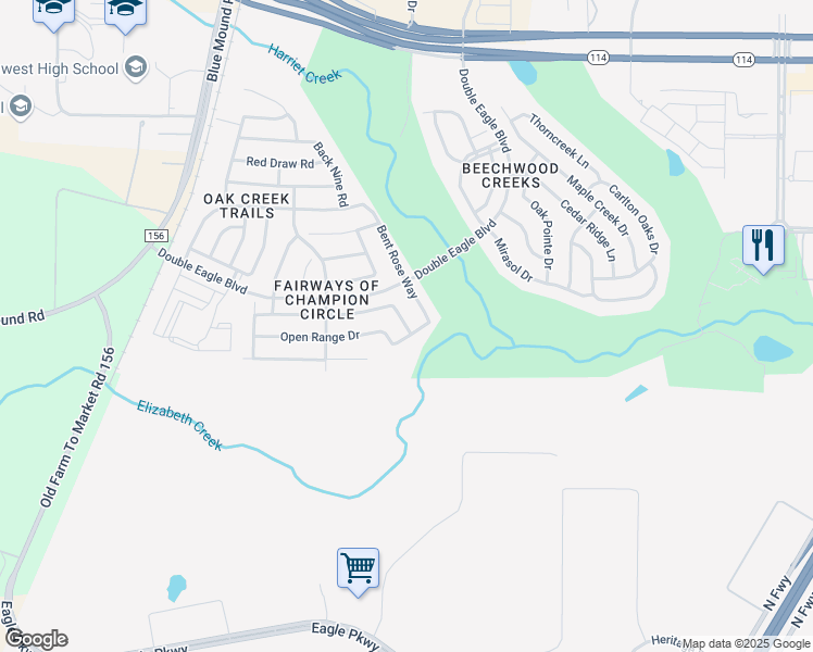 map of restaurants, bars, coffee shops, grocery stores, and more near 2633 Flowing Springs Drive in Fort Worth