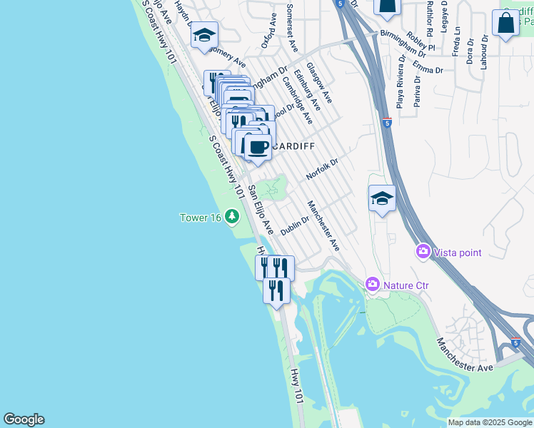 map of restaurants, bars, coffee shops, grocery stores, and more near 119 Norfolk Drive in Encinitas
