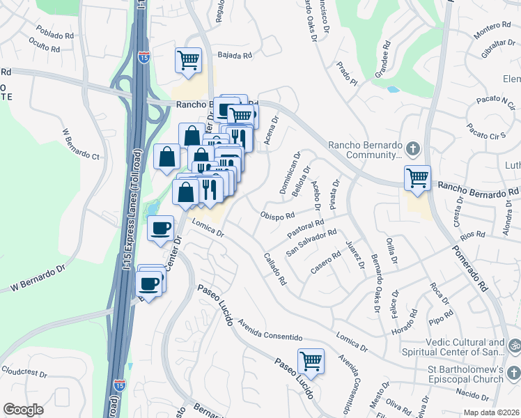 map of restaurants, bars, coffee shops, grocery stores, and more near 11954 Obispo Road in San Diego