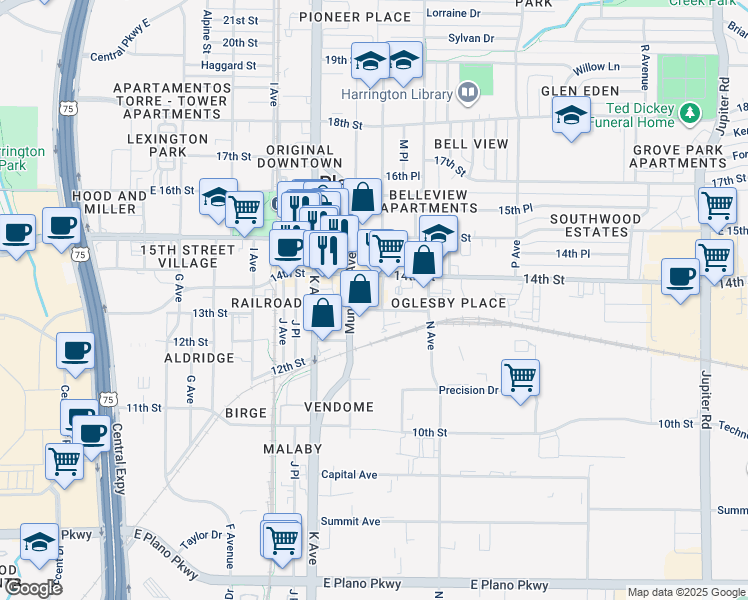 map of restaurants, bars, coffee shops, grocery stores, and more near 1310 M Avenue in Plano