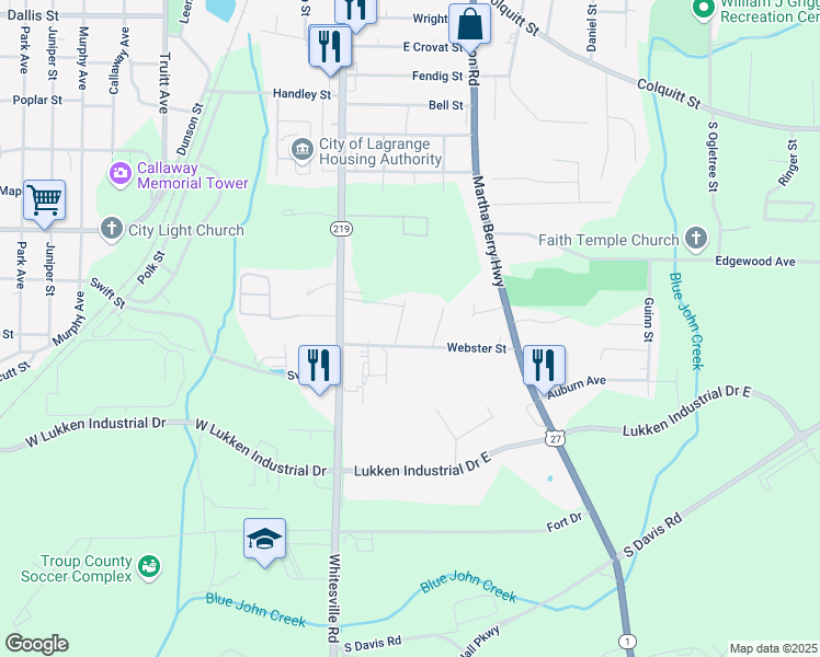 map of restaurants, bars, coffee shops, grocery stores, and more near 106 West Hillside Drive in LaGrange