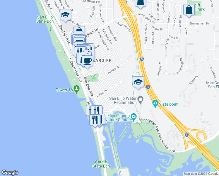 map of restaurants, bars, coffee shops, grocery stores, and more near 242 Dublin Drive in Encinitas