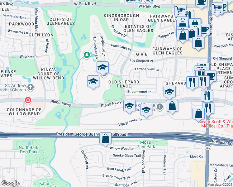 map of restaurants, bars, coffee shops, grocery stores, and more near 1301 Winding Hollow Lane in Plano