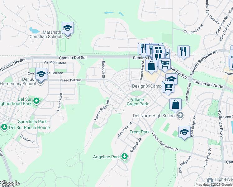 map of restaurants, bars, coffee shops, grocery stores, and more near 15923 Babcock Street in San Diego