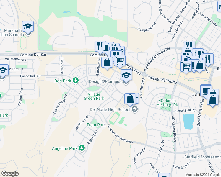 map of restaurants, bars, coffee shops, grocery stores, and more near 16205 Camden Circle in San Diego