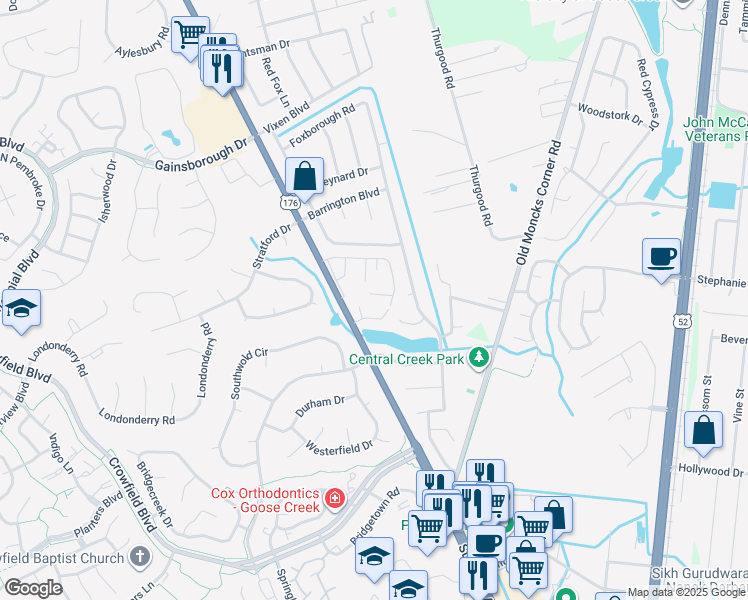 map of restaurants, bars, coffee shops, grocery stores, and more near 200 Branchwood Drive in Goose Creek