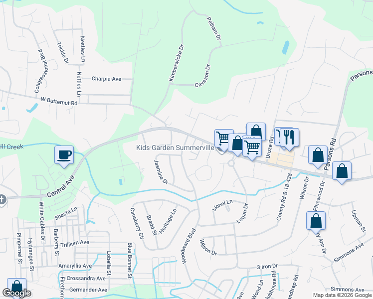 map of restaurants, bars, coffee shops, grocery stores, and more near 607 Woodward Boulevard in Summerville